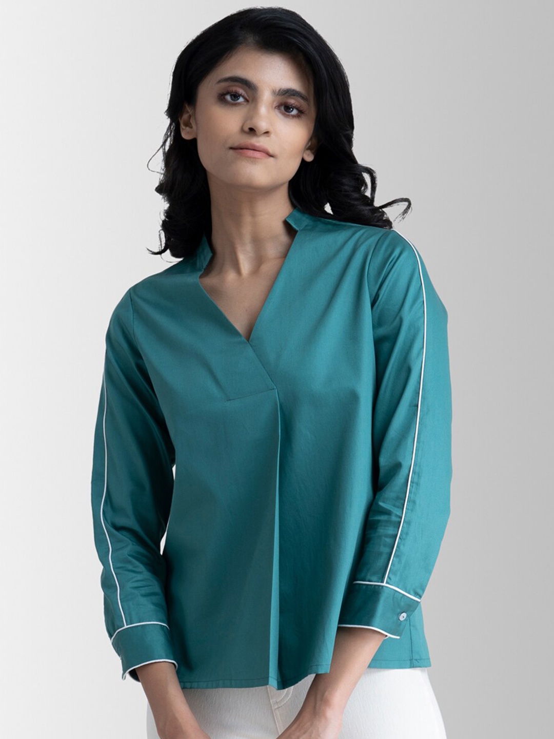 

Pink Fort Teal Pleated Piping Wrap Pure Cotton Top