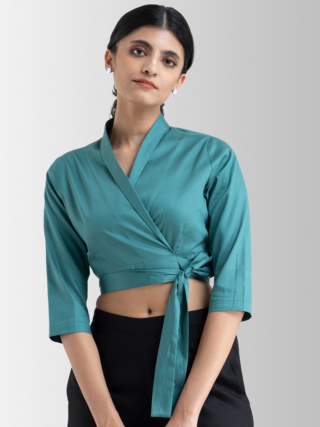 

Pink Fort Teal Green Wrap Pure Cotton Crop Top