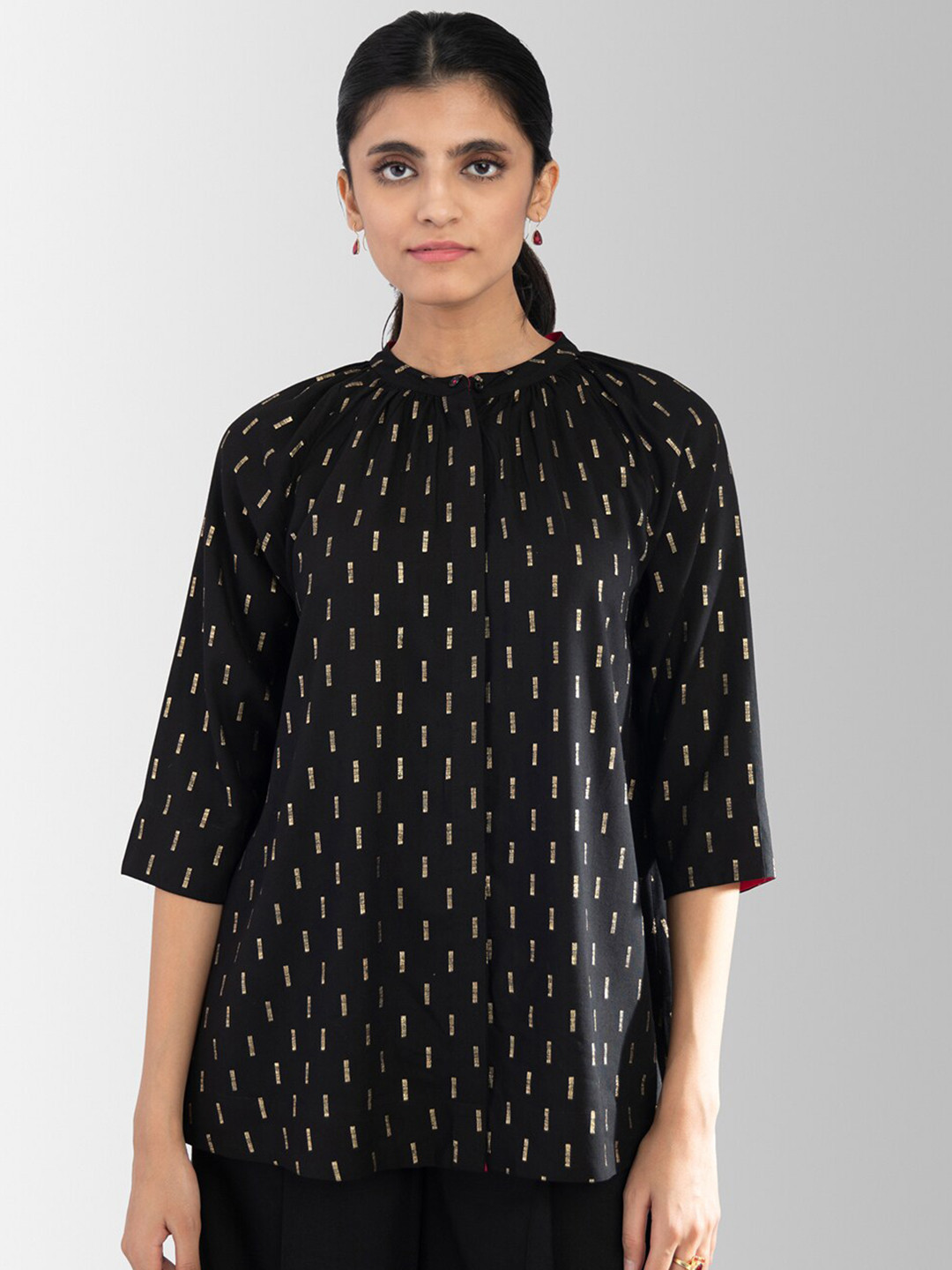 

Pink Fort Black Geometric Print Top
