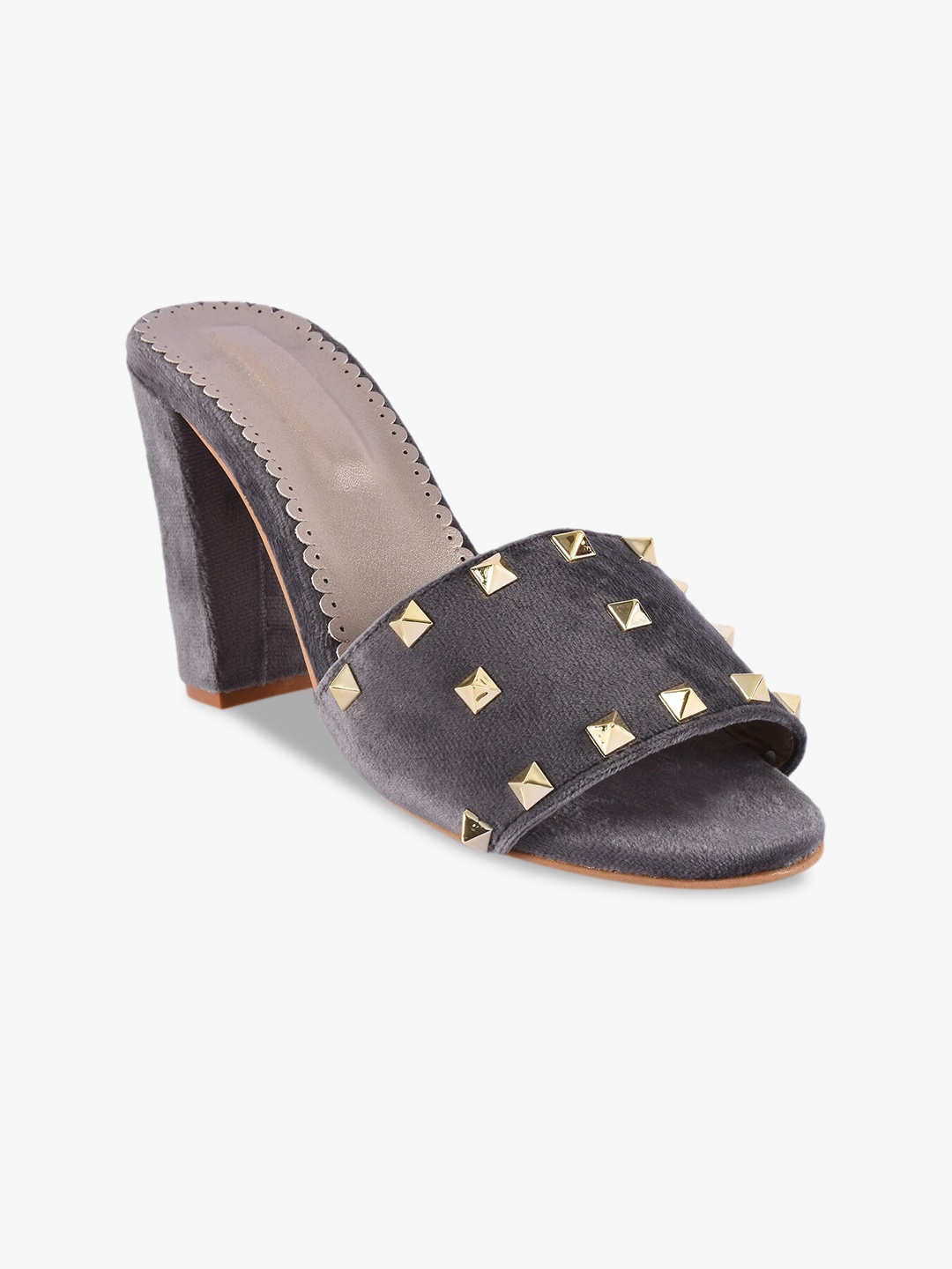 

BuckleUp Grey & Gold-Toned Embellished Block Sandals