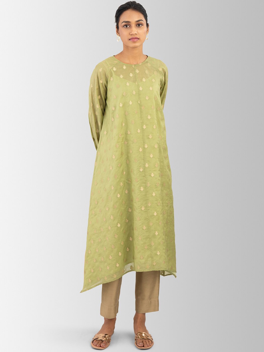 

Pink Fort Women Green Woven Design A-Line Kurta