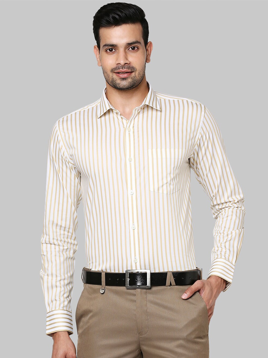 

Park Avenue Men Beige Slim Fit Striped Formal Shirt