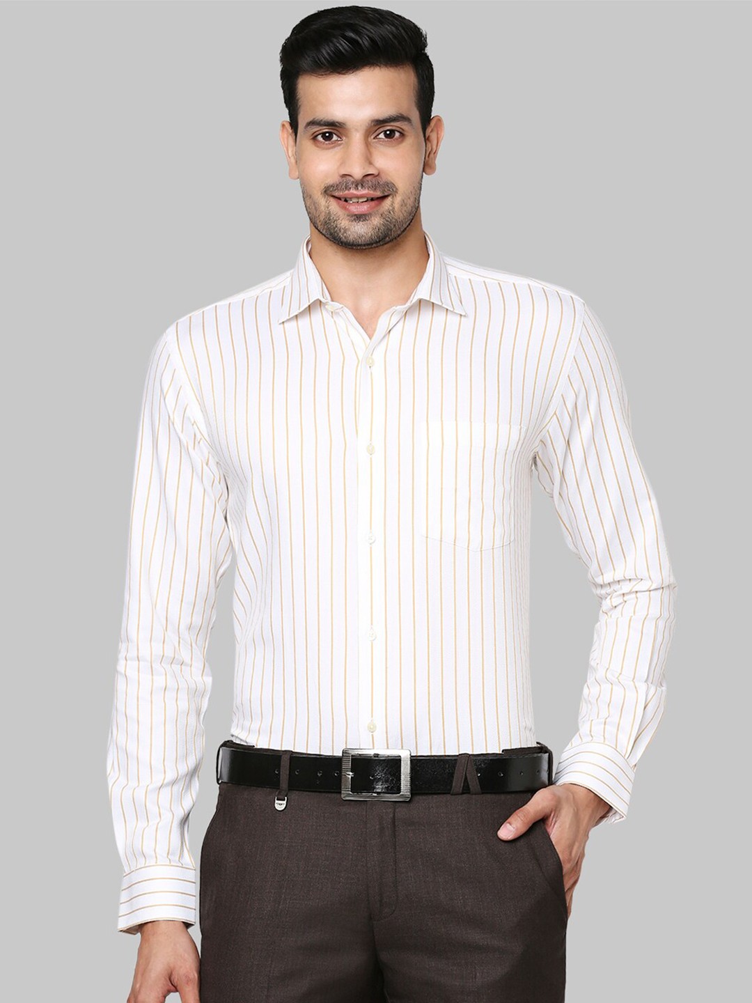 

Park Avenue Men Beige Slim Fit Striped Formal Shirt