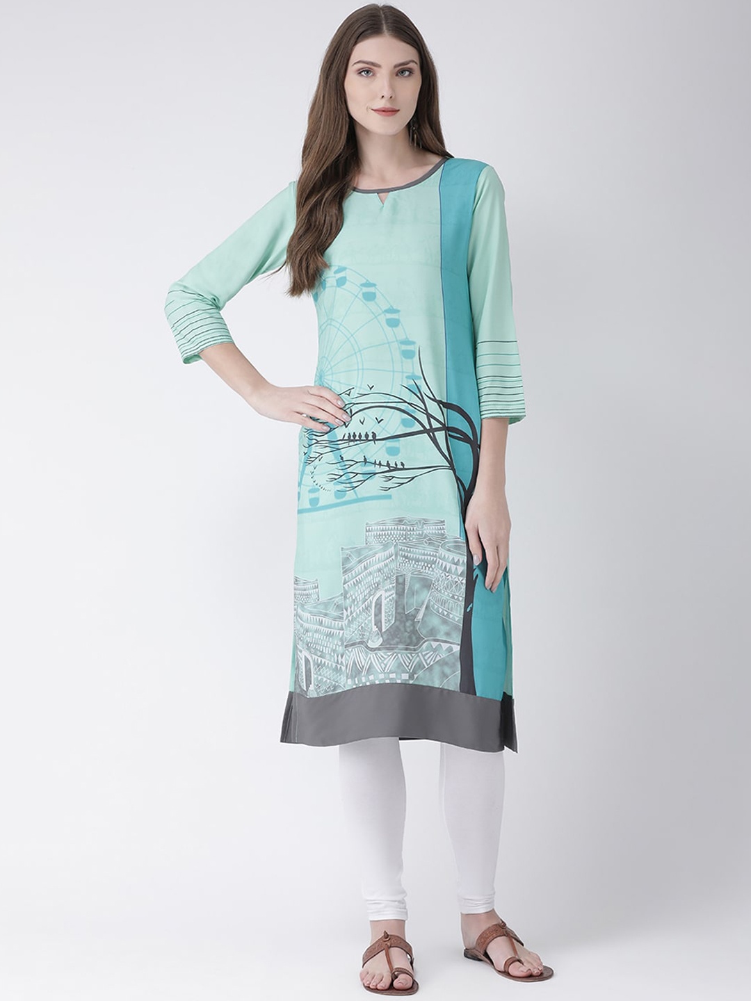 

Span Women Multicoloured Printed Keyhole Neck Thread Work Crepe Kurta, Multi