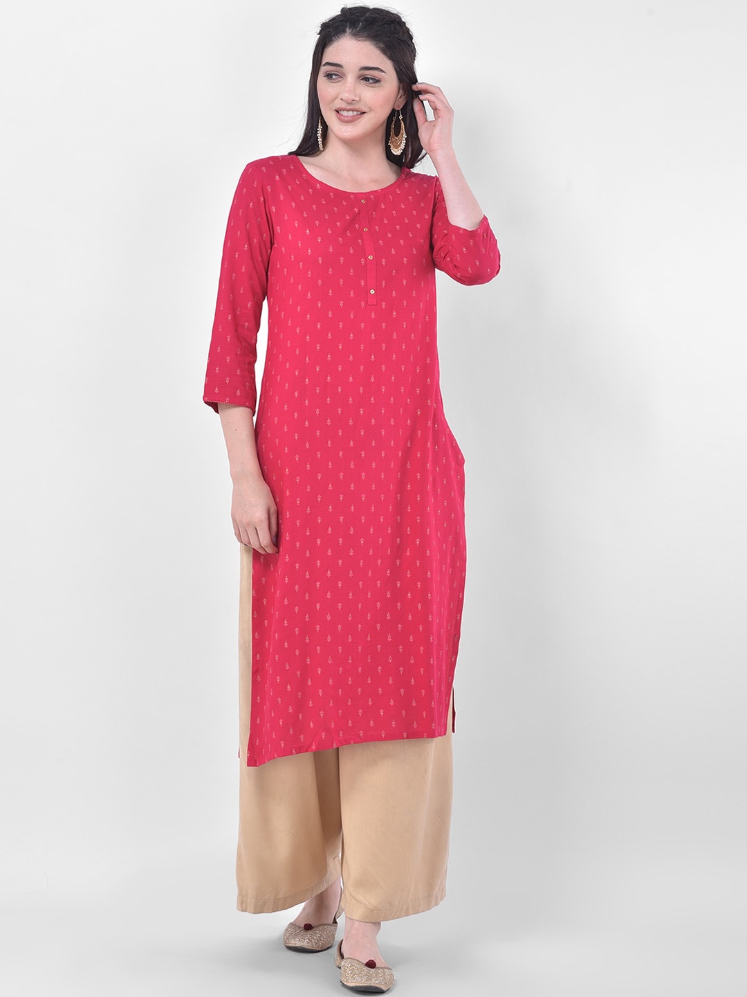 

Span Women Pink & Gold-Toned Ethnic Motifs Printed Cotton Kurta