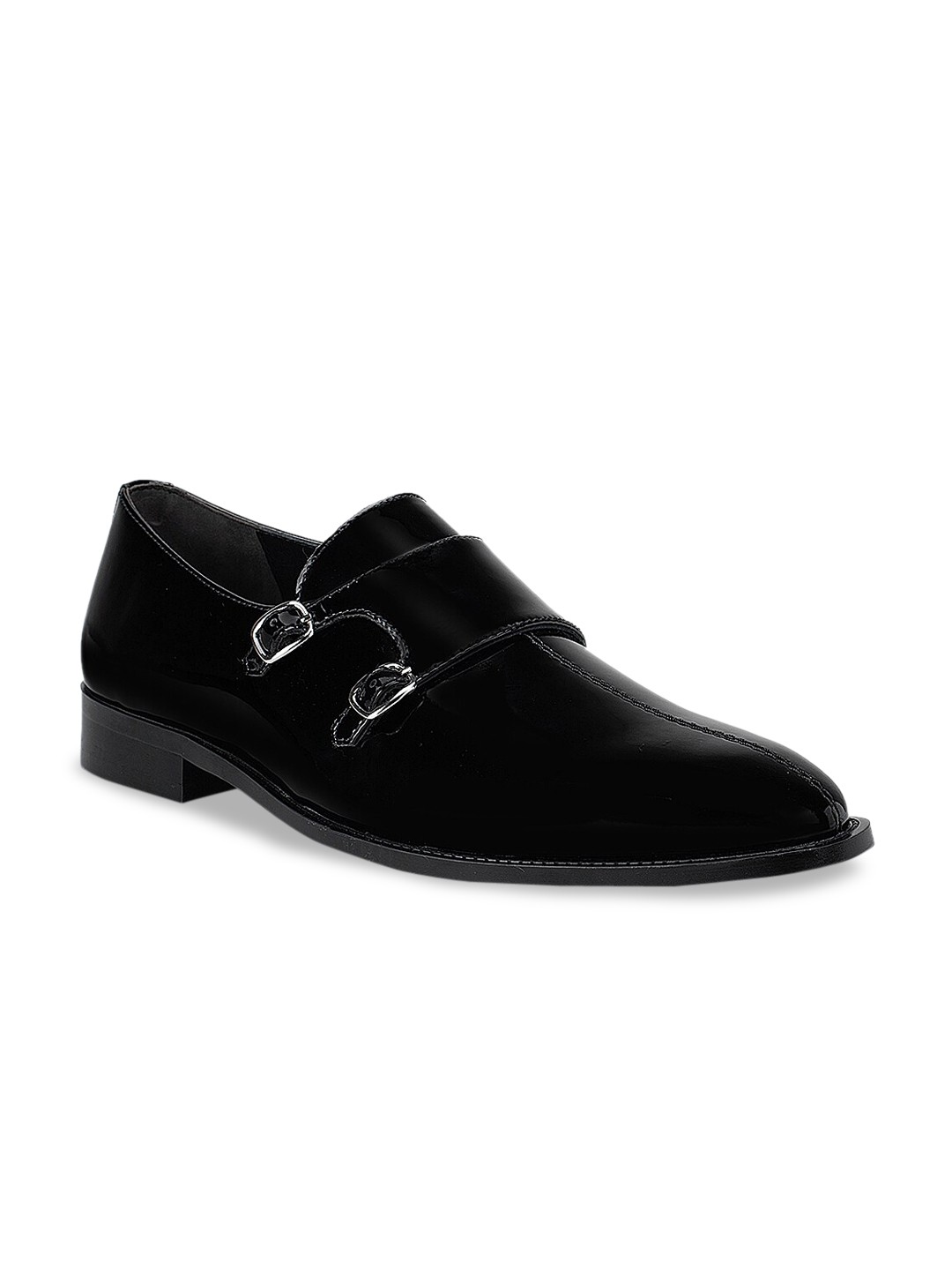 

ROSSO BRUNELLO Men Black Solid Leather Formal Monk Shoes
