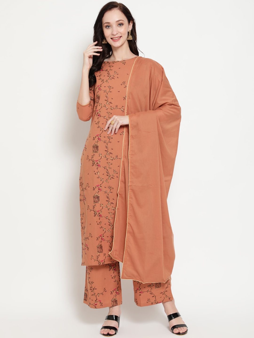 

antaran Women Brown Floral Printed Kurta with Palazzos & Dupatta