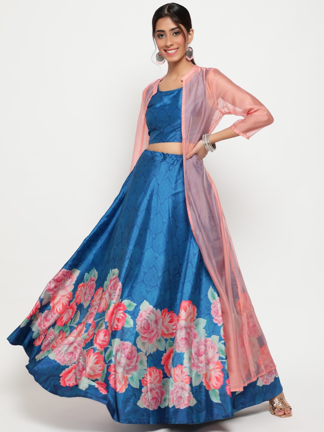 

antaran Blue & Pink Printed Ready to Wear Cotton Lehenga & Blouse With Dupatta