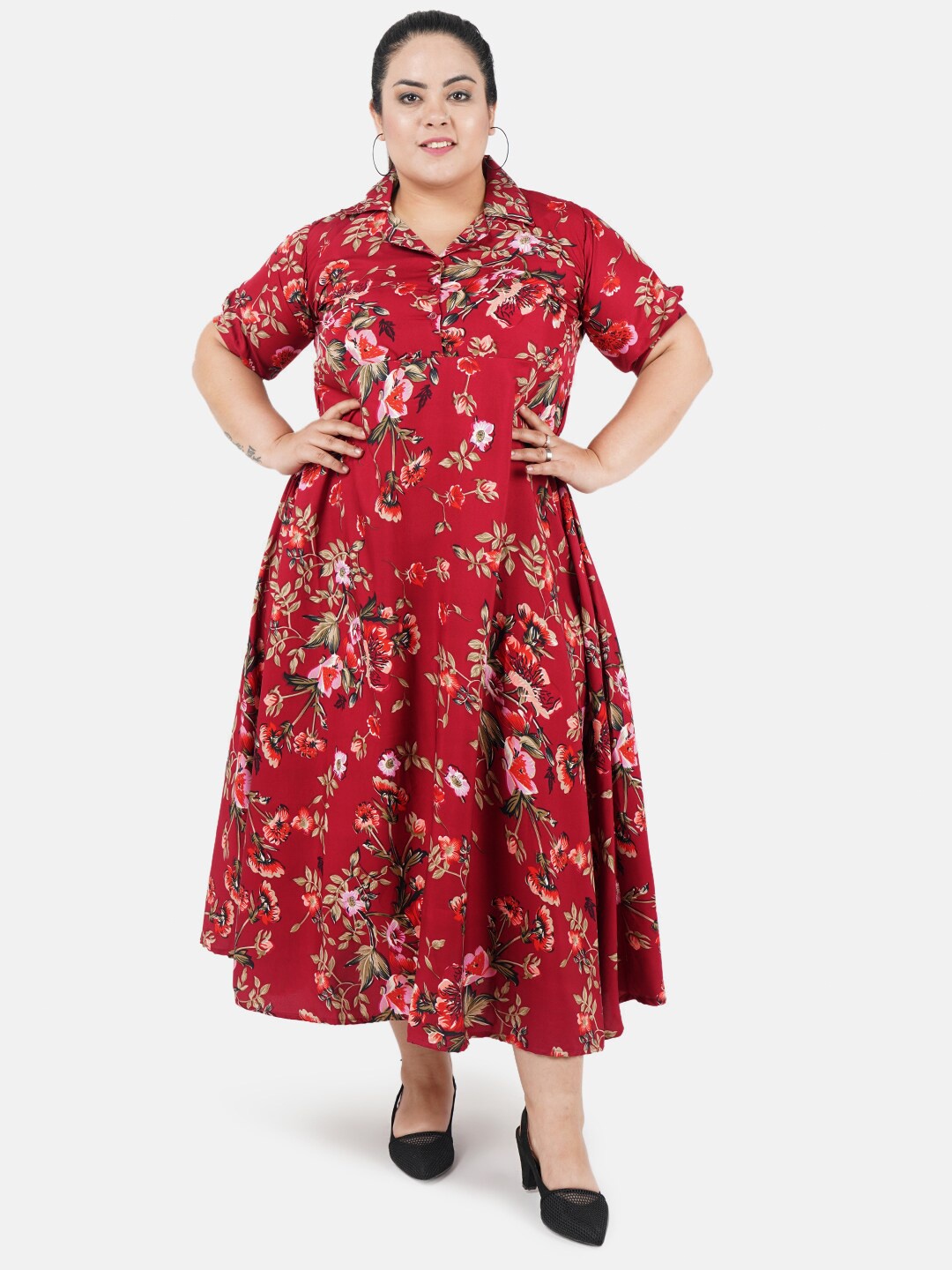 

Indietoga Maroon Floral Printed Plus Size Fit & Flare Maxi Dress