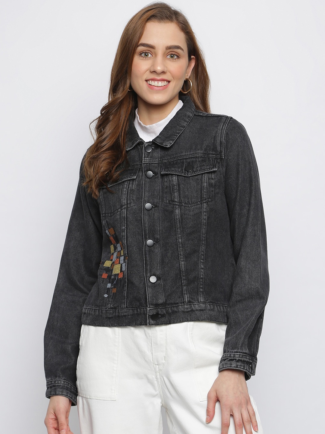 

TALES & STORIES Women Black Lightweight Crop Denim Jacket