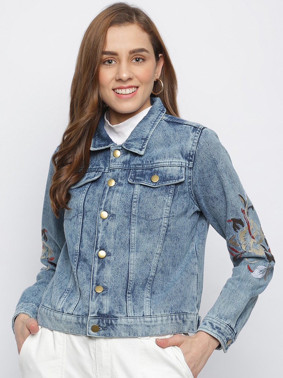 

TALES & STORIES Women Blue Washed Lightweight Crop Denim Jacket with Embroidered