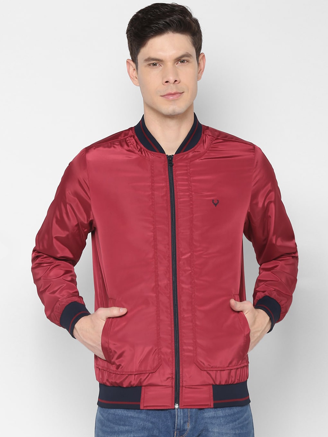 

Allen Solly Men Maroon & Black Colourblocked Bomber Jacket