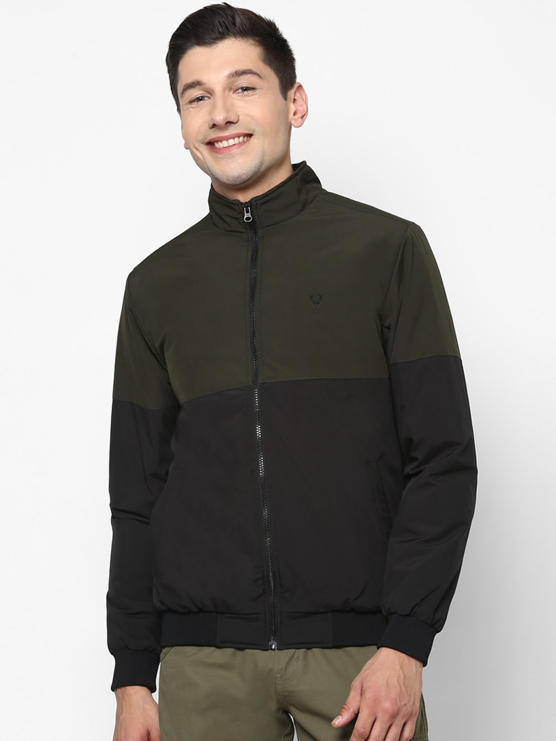 

Allen Solly Men Black Olive Green Colourblocked Open Front Jacket