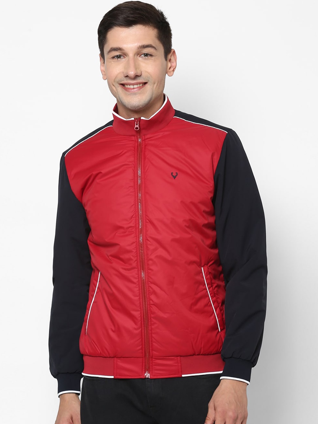 

Allen Solly Men Red & Navy Blue Colourblocked Bomber Jacket