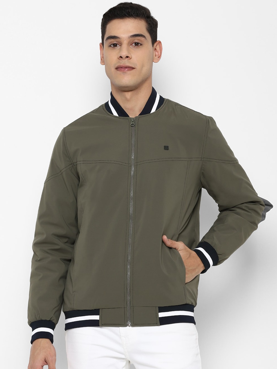 

Allen Solly Men Olive Green White Bomber Jacket