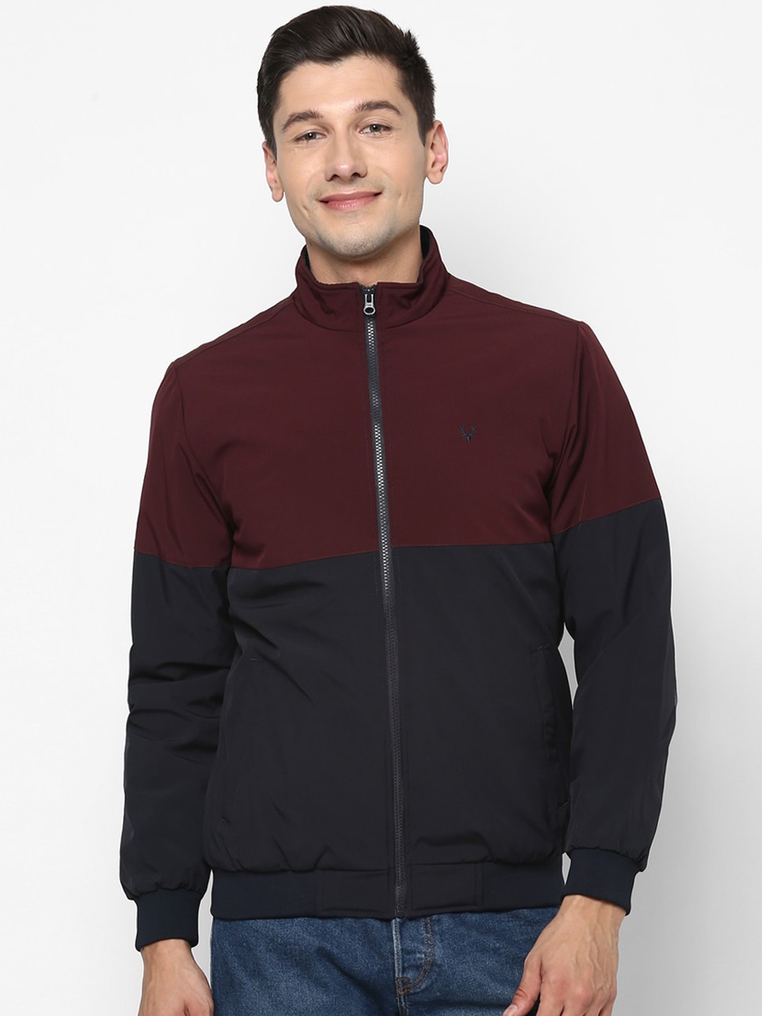 

Allen Solly Men Navy Blue & Maroon Colourblocked Sporty Jacket