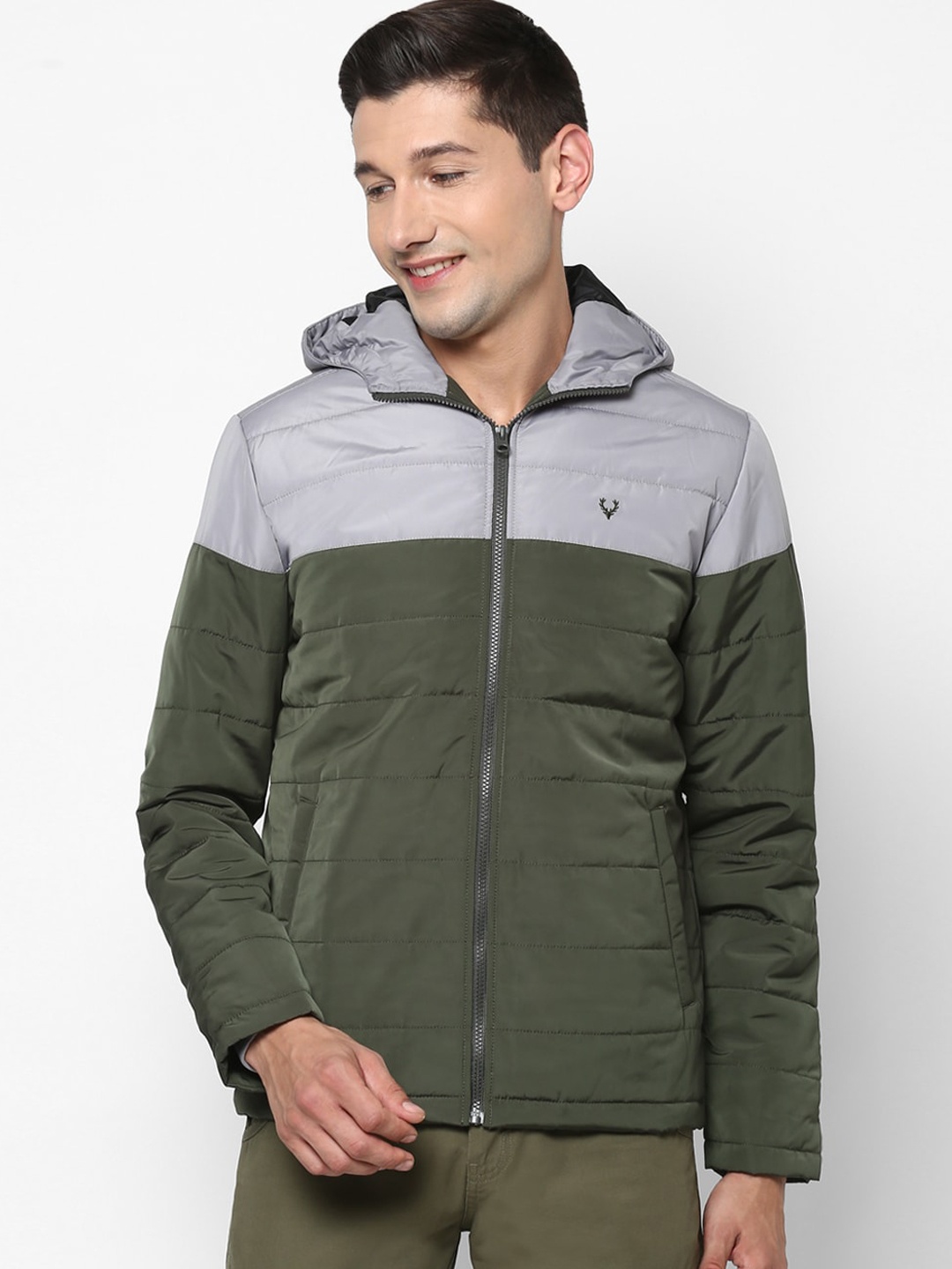 

Allen Solly Men Olive Green Grey Colourblocked Padded Jacket