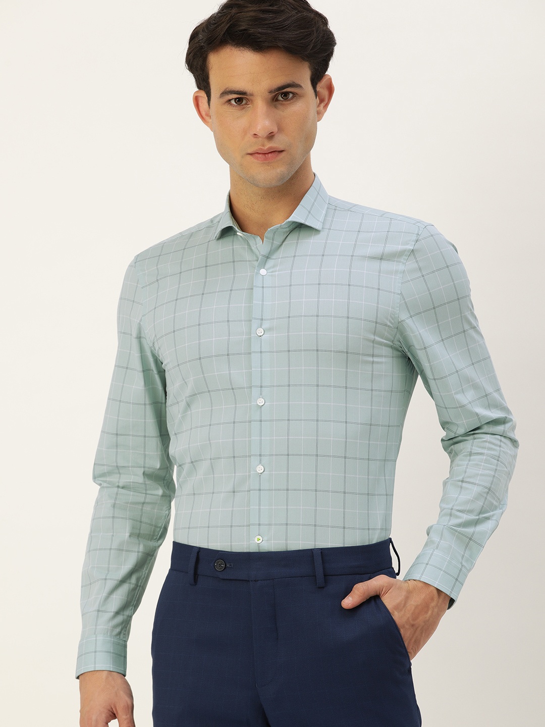 

Peter England Men Sea Green & White Athletic Fit Checked Formal Shirt