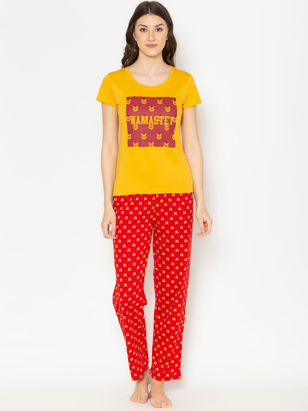 

Lounge Dreams Women Yellow & Red Ethnic Motifs Printed Pure Cotton Night Suit