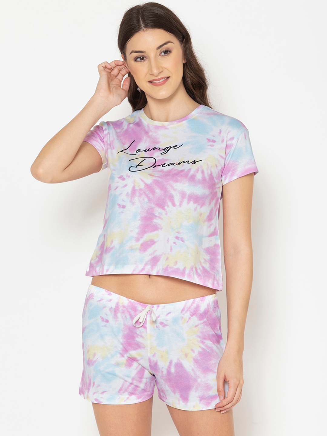 

Lounge Dreams Women Lavender & Blue Tie & Dye Printed Pure Cotton Night Suit