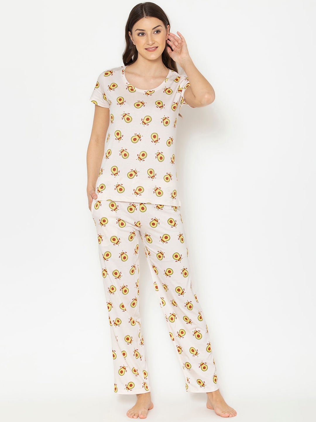 

Lounge Dreams Women White & Green Printed Pure Cotton Night suit