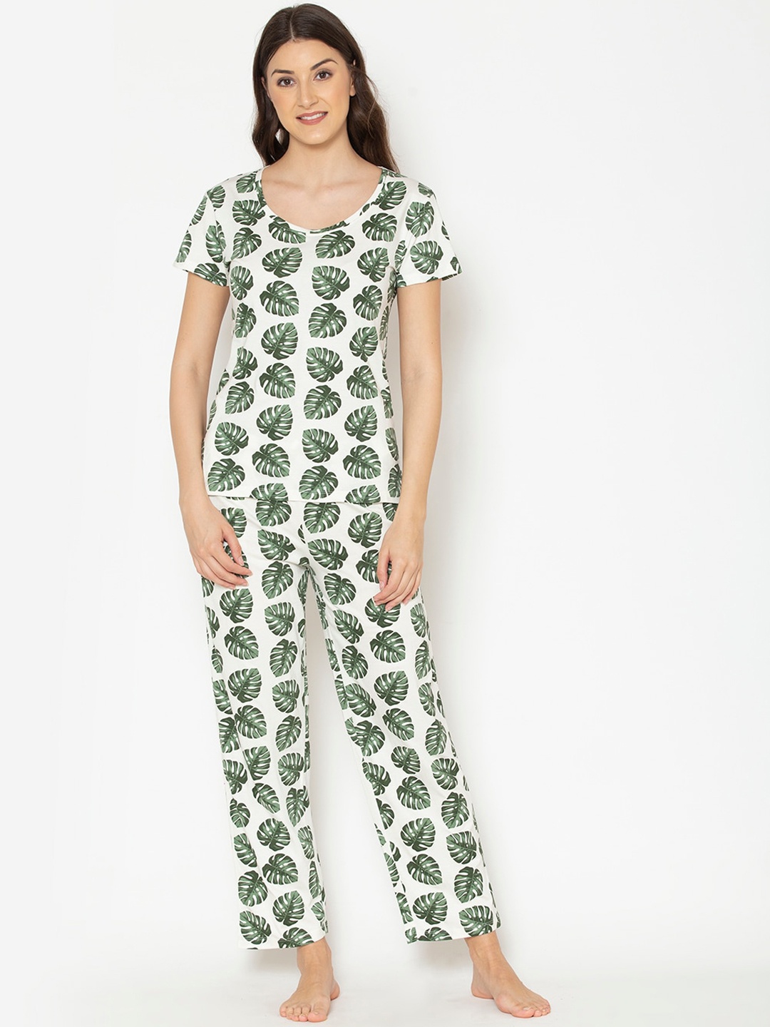 

Lounge Dreams Women Off White & Green Printed Pure Cotton Night suit