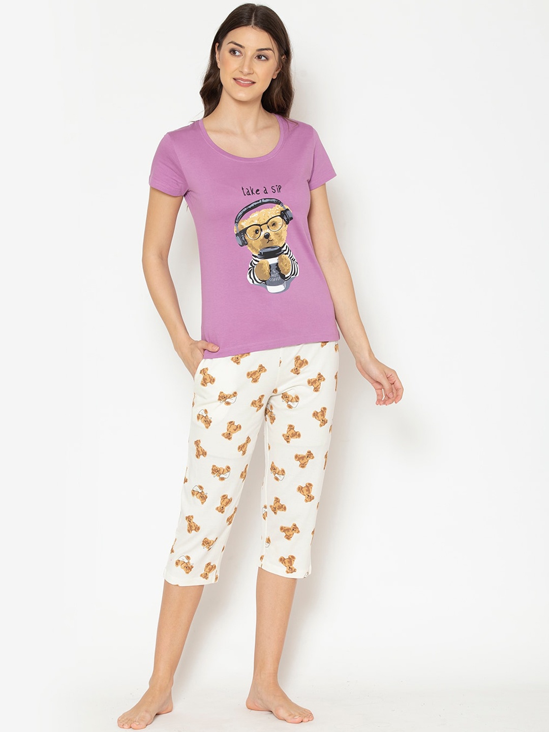 

Lounge Dreams Women Purple & White Printed Pure Cotton Night Suit
