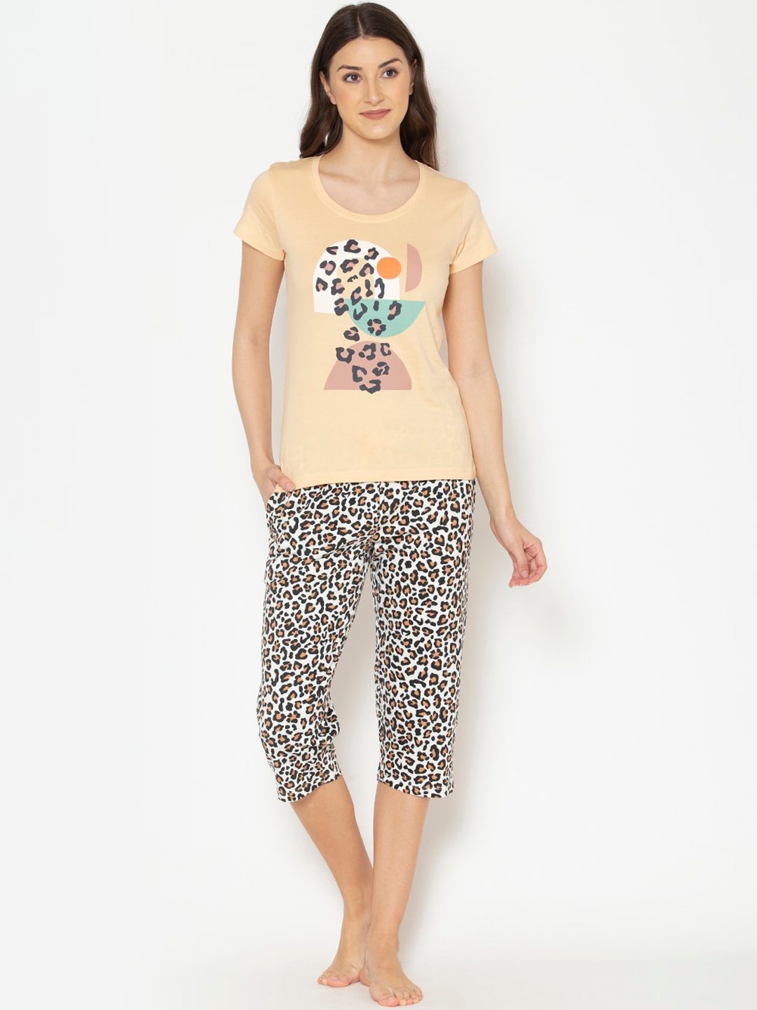 

Lounge Dreams Women Brown & Cream-Coloured Printed Pure Cotton Night suit