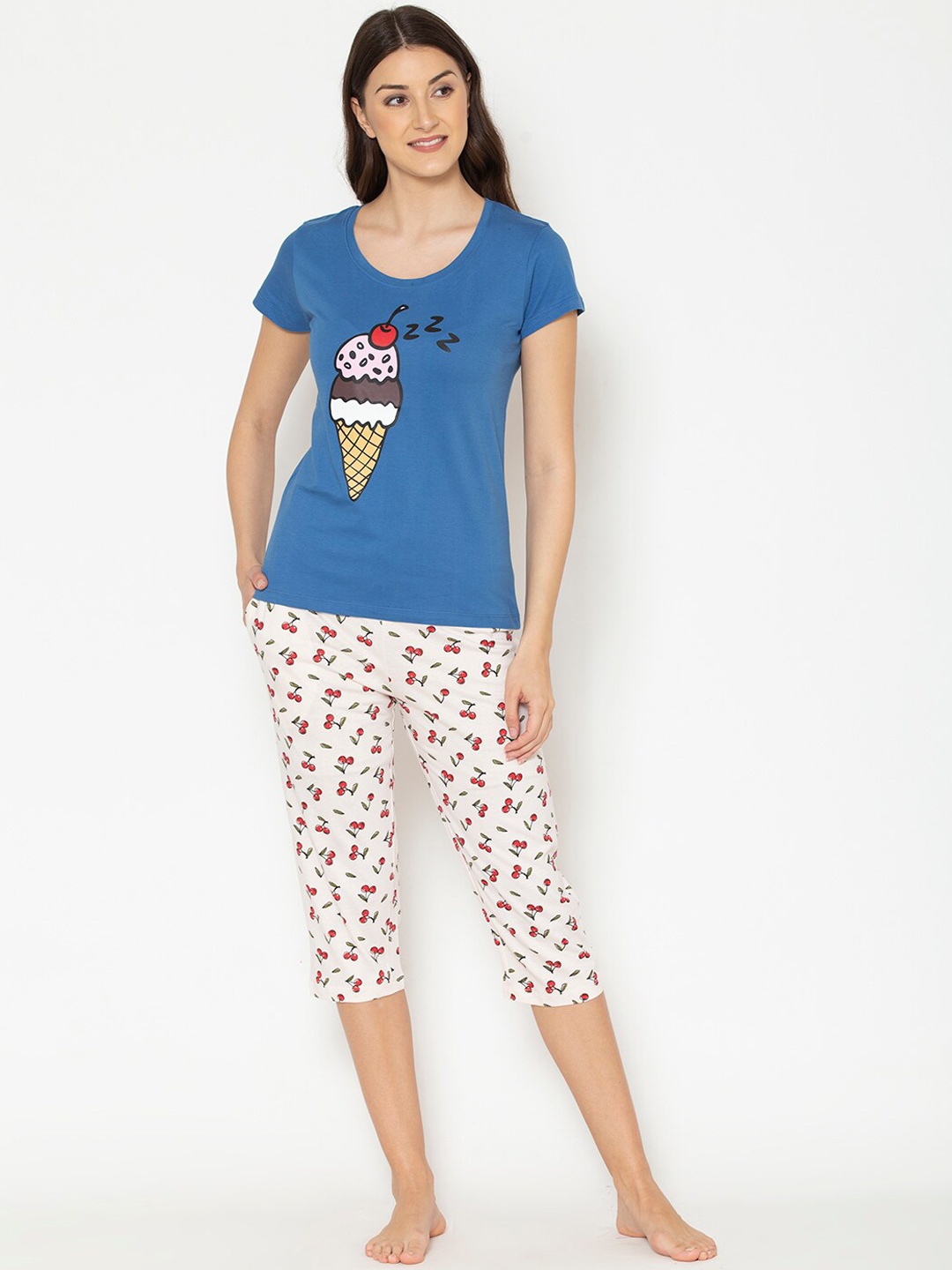 

Lounge Dreams Women Blue & White Printed Pure Cotton Night suit