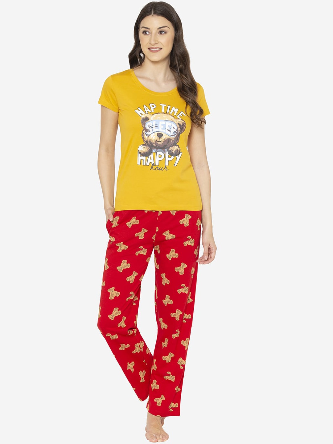 

Lounge Dreams Women Yellow & Red Printed Night suit