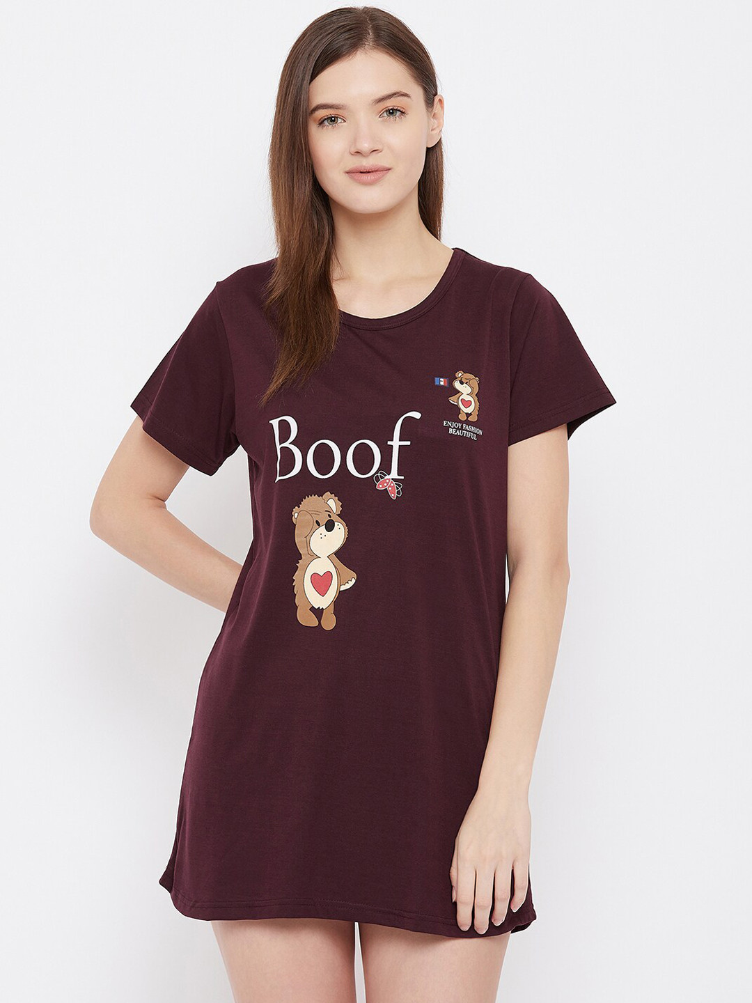 

FRENCH FLEXIOUS Women Brown & White Printed Lounge T-Shirt