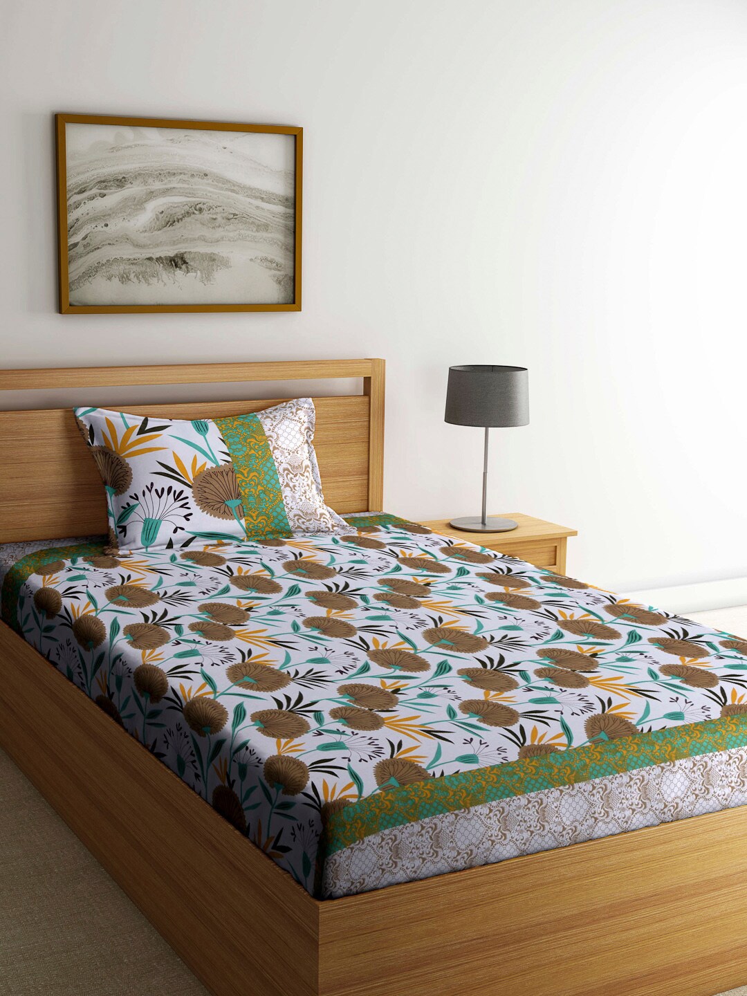 

KLOTTHE White & Blue Floral Printed 210 TC Pure Cotton Single Bedsheet with Pillow Cover