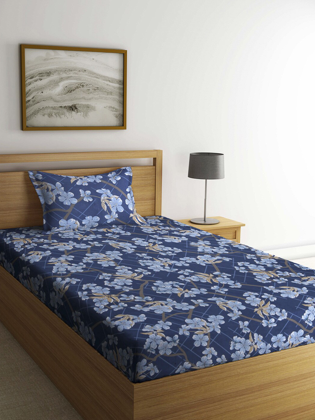 

KLOTTHE Blue & Brown Floral 210 TC Cotton Single Bedsheet with 1 Pillow Covers