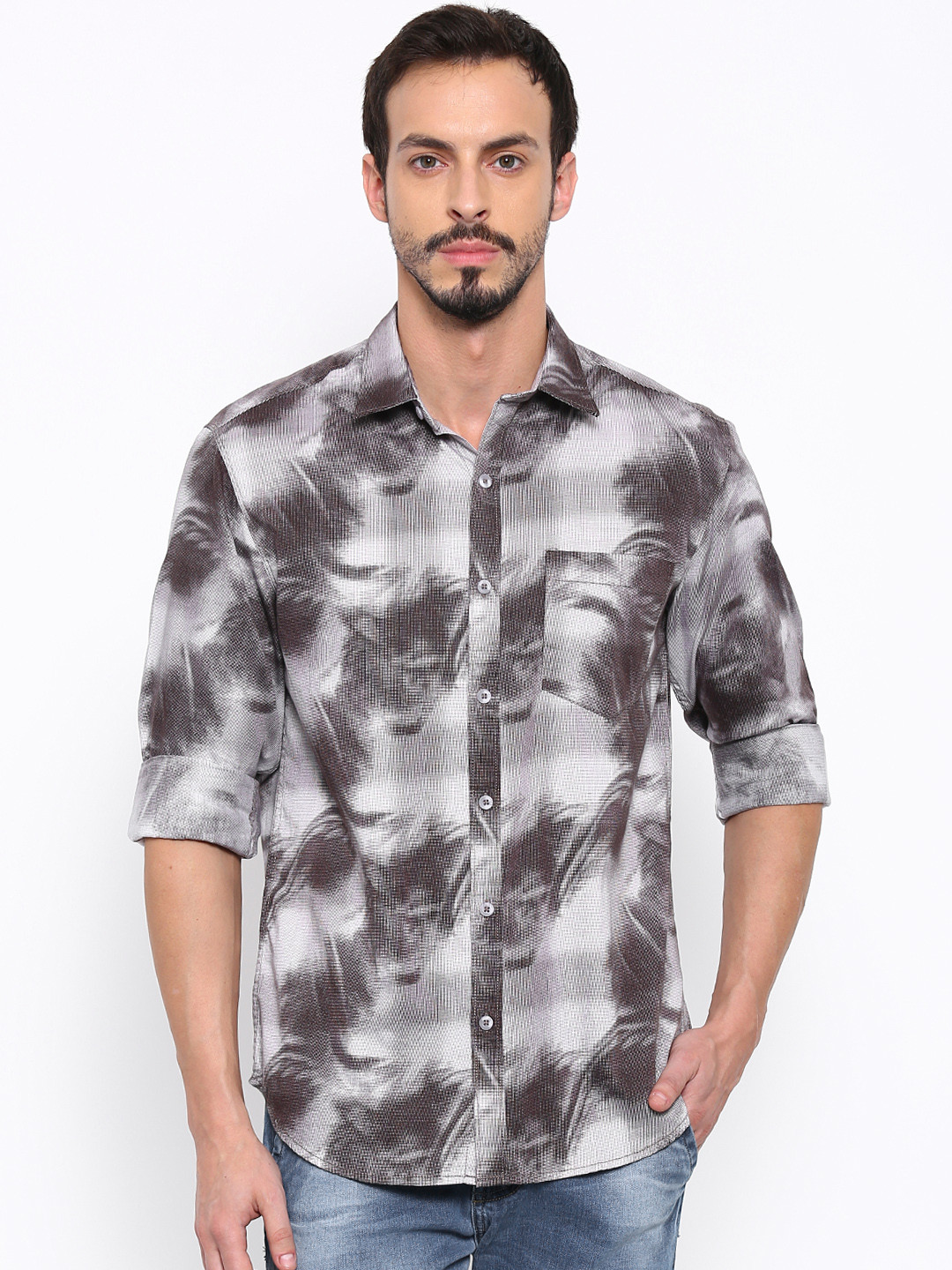 

John Players Men Charcoal Grey & Off-White Trim Fit Printed Casual Shirt