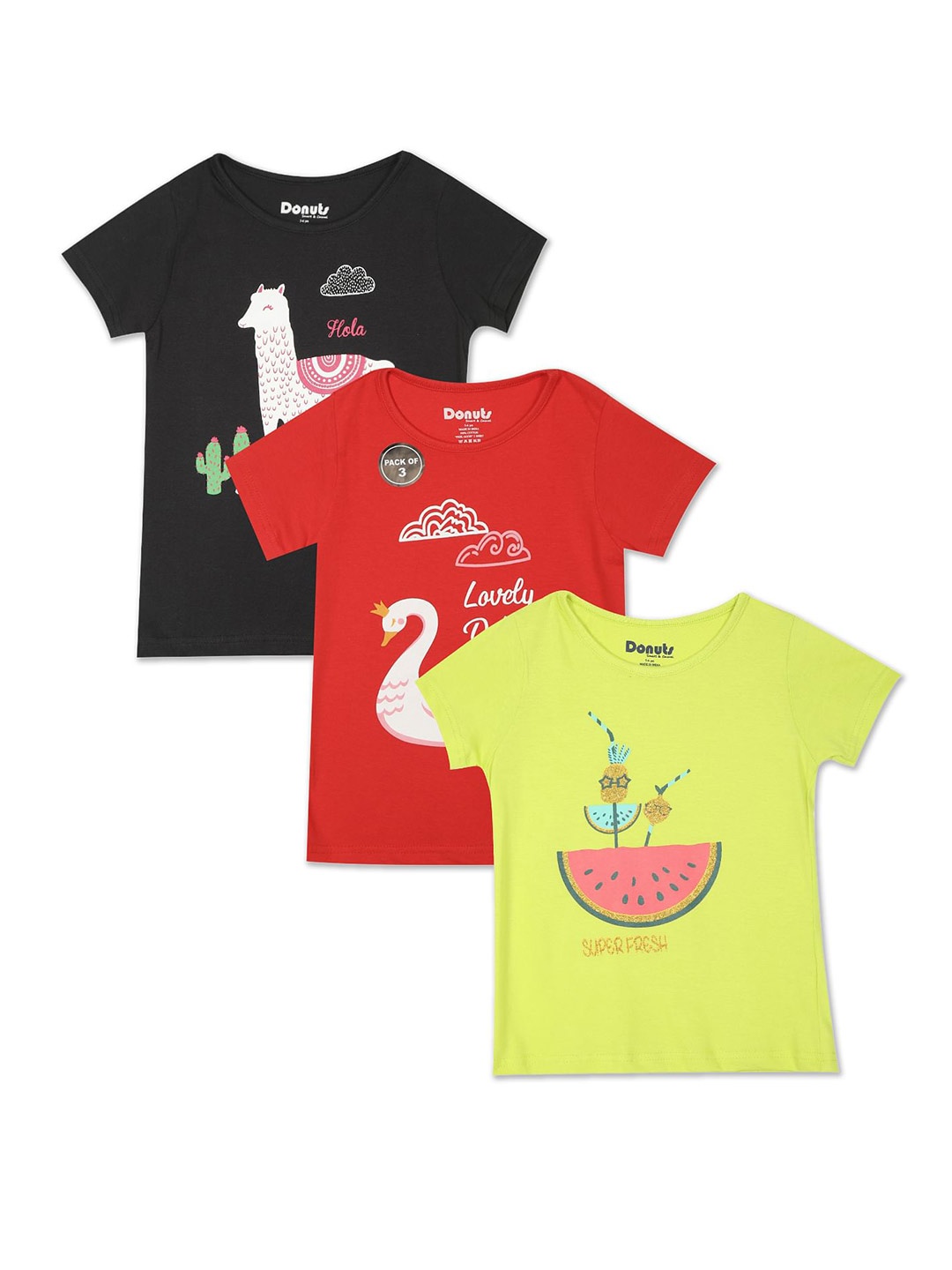 

Donuts Girls Pack of 3 Printed T-shirt, Black