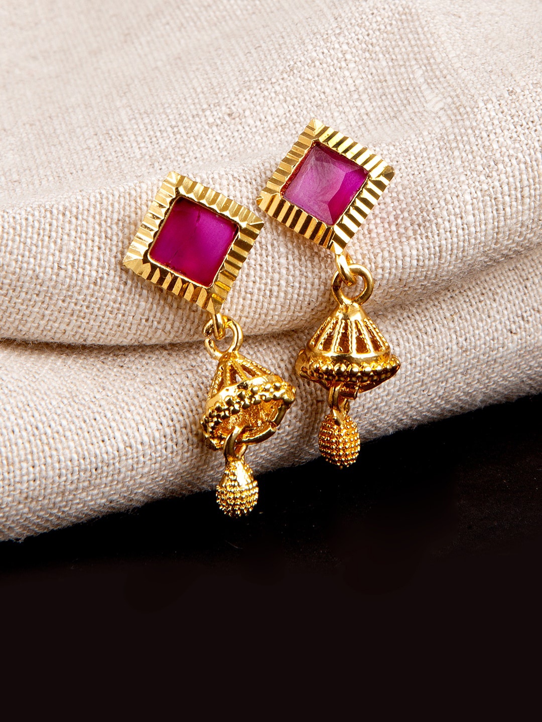 

Studio Voylla Gold-Plated & Magenta Contemporary Antique Drop Earrings