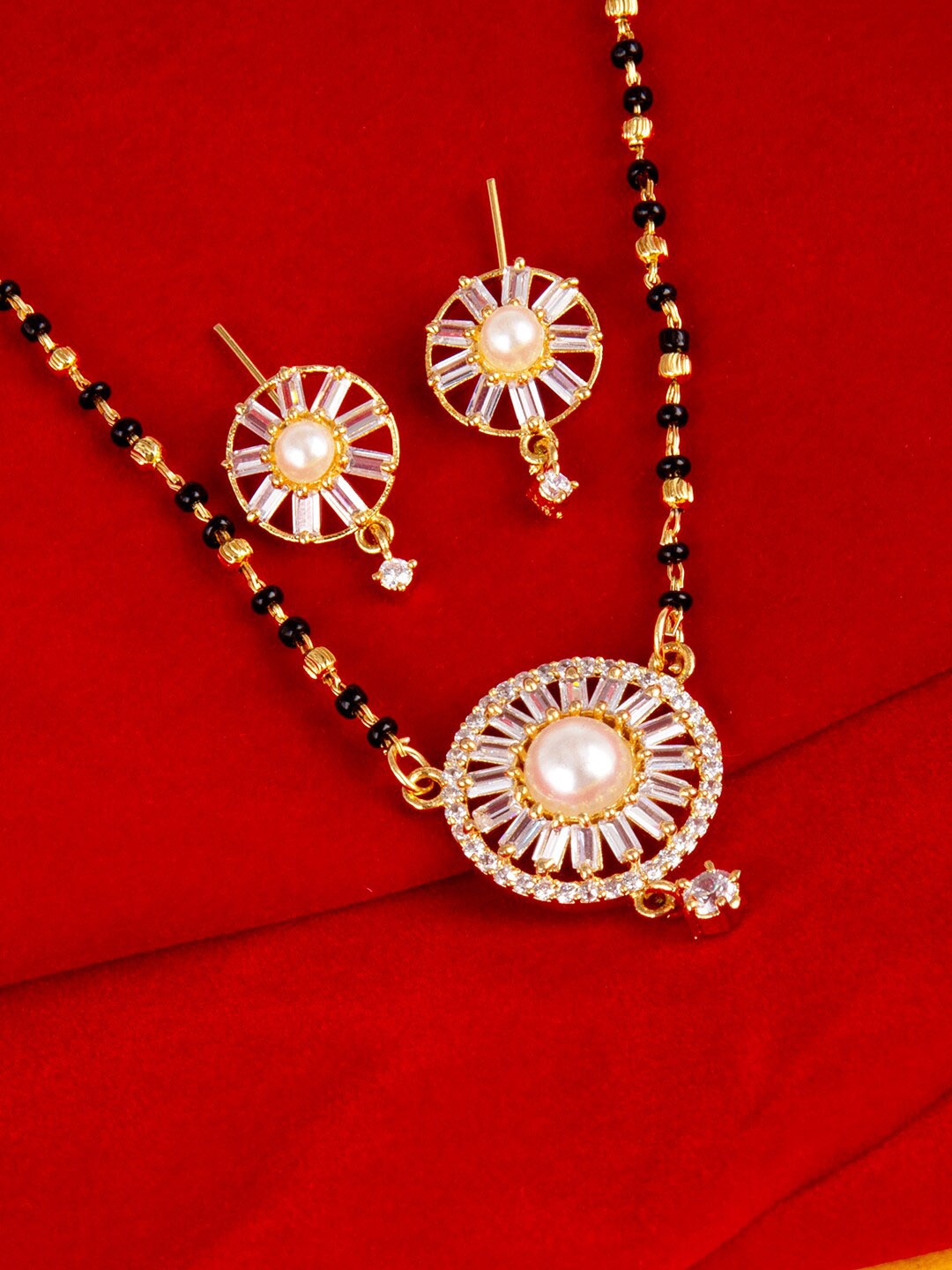 

Studio Voylla Gold-Plated White & Black Cubic Zerconia & Beaded Mangalsutra Set