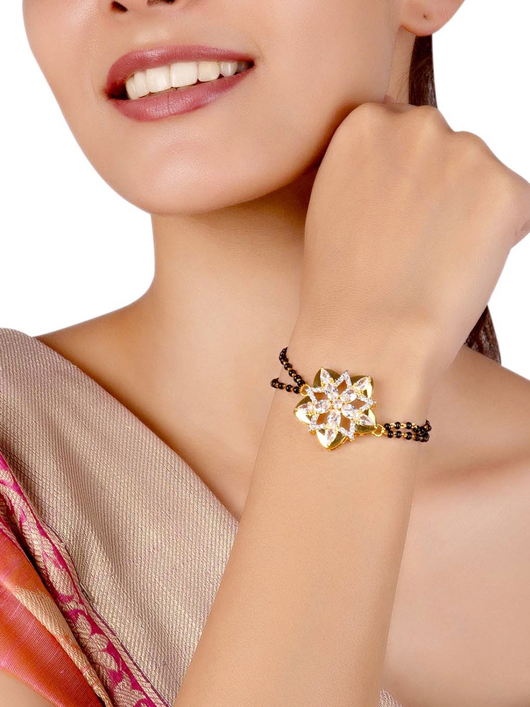 

Voylla Gold-Plated & Black American Diamond CZ Brass Beaded Mangalsutra Bracelet