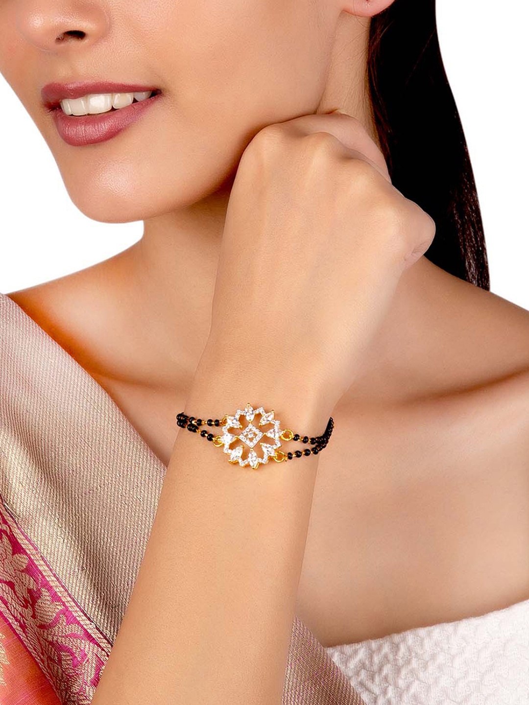 

Voylla Women Black American Diamond CZ Beaded Mangalsutra Bracelet, Gold