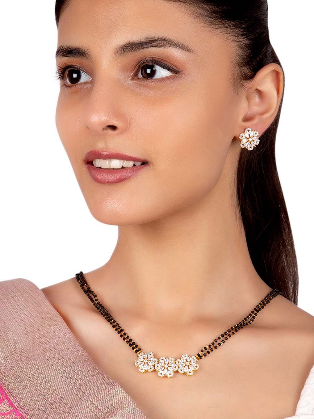 

Voylla Gold-Plated & Black American Diamond CZ Brass Beaded Mangalsutra & Earrings