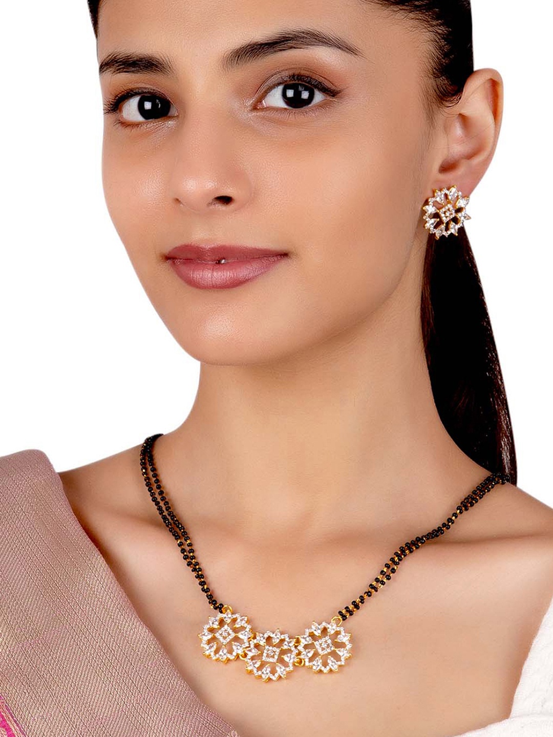 

Voylla Black Gold-Plated American Diamond CZ Beaded Mangalsutra with Earrings
