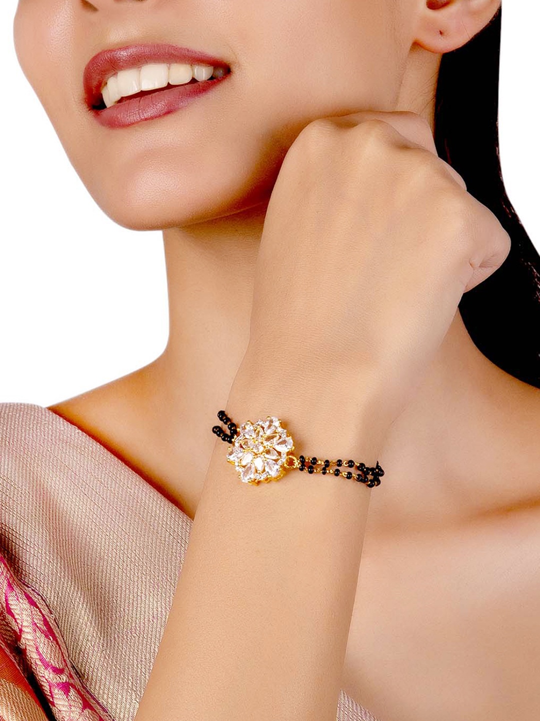 

Voylla Women Black American Diamond CZ Beaded Mangalsutra Bracelet, Gold