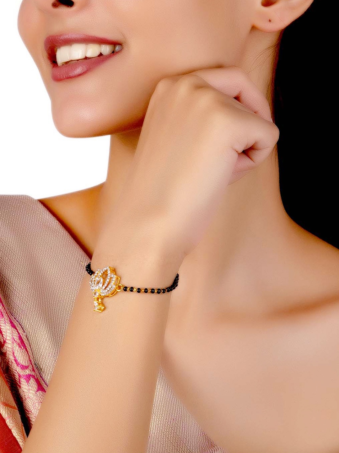 

Voylla Women Silver Gold-Plated American Diamond CZ Beaded Mangalsutra Bracelet