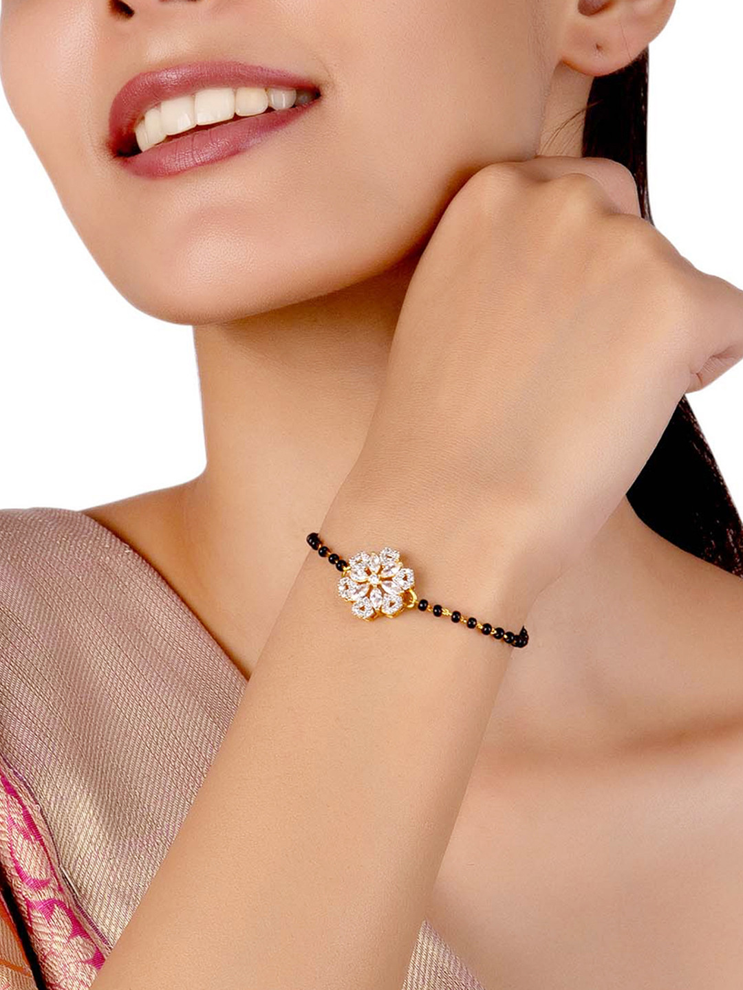 

Voylla Women Black Gold-Plated American Diamond CZ Beaded Mangalsutra Bracelet