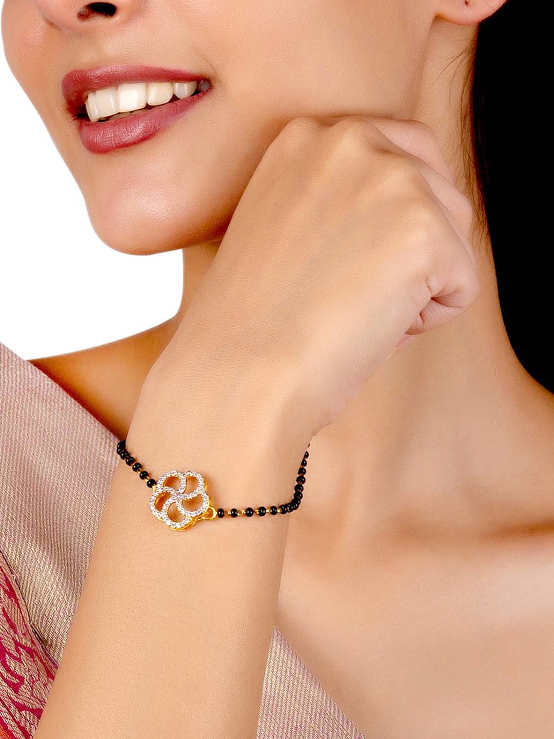 

Voylla Gold-Plated & Black American Diamond CZ Brass Beaded Mangalsutra & Earrings