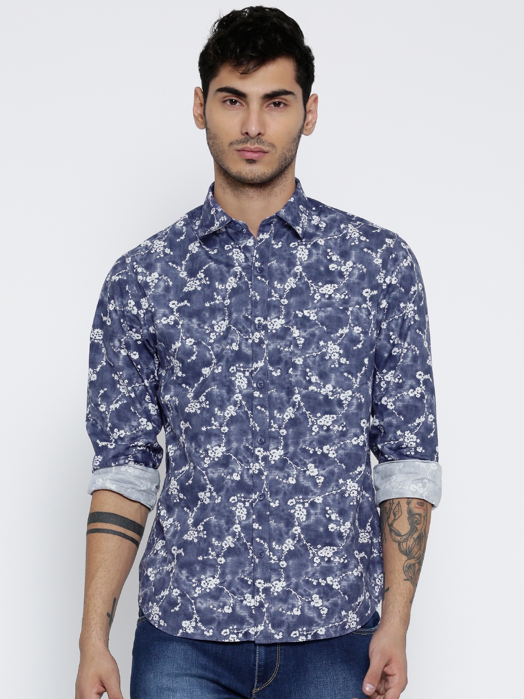 

John Players Men Blue Trim Fit Printed Chambray Casual Shirt
