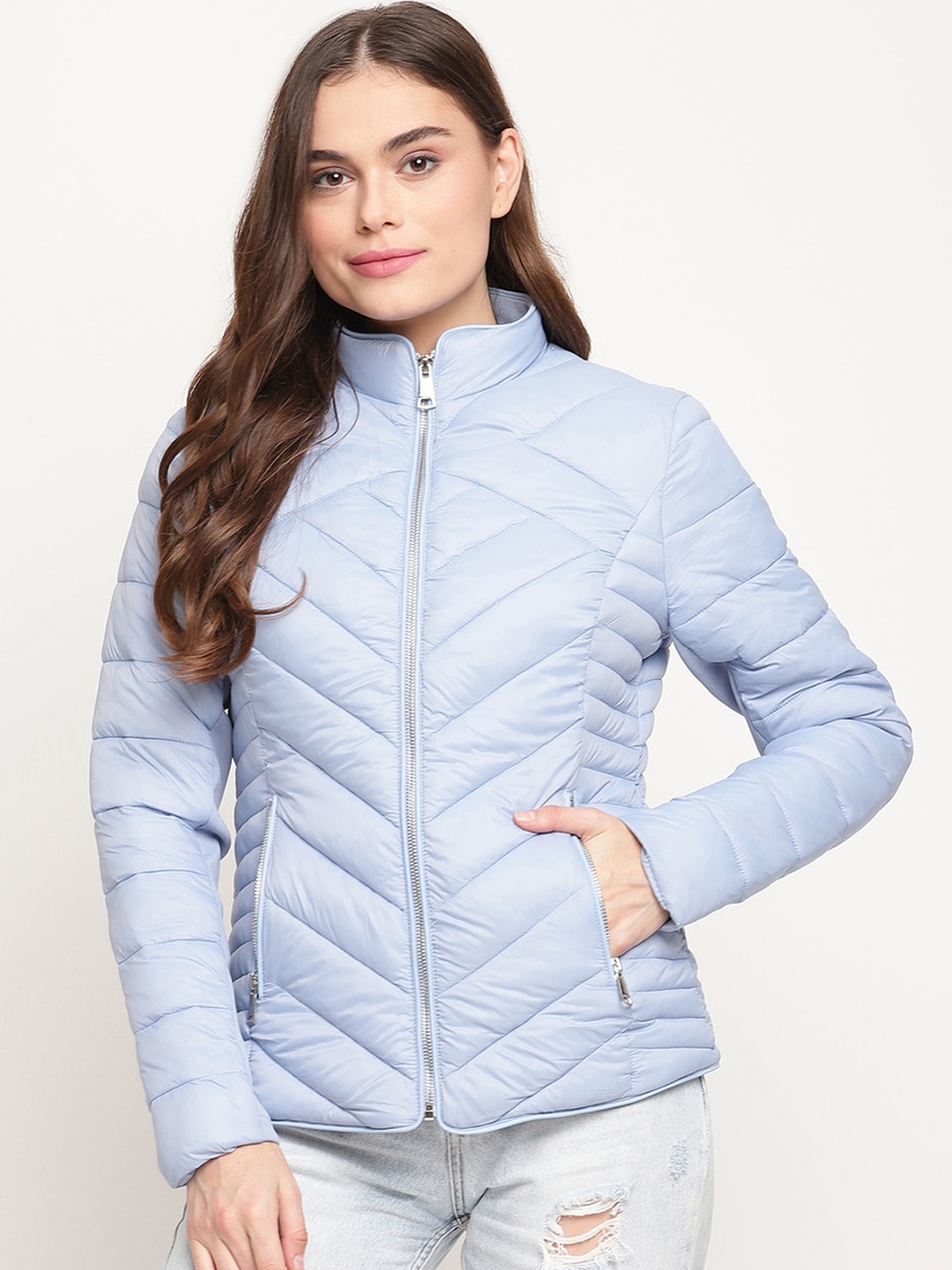 

Madame Women Blue Solid Lightweight Padded Jacket