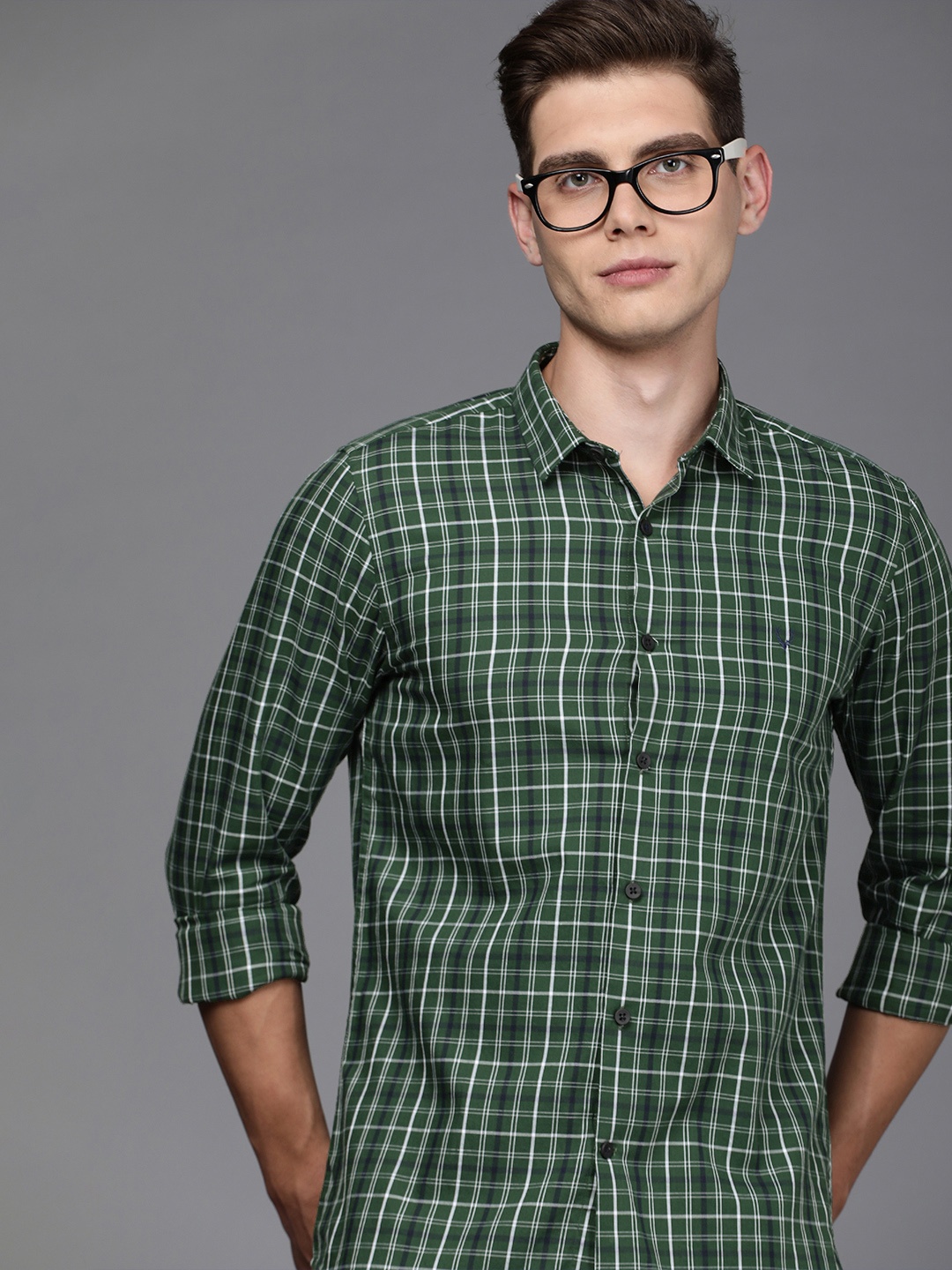 

Allen Solly Sport Men Olive Green Slim Fit Tartan Checked Pure Cotton Casual Shirt