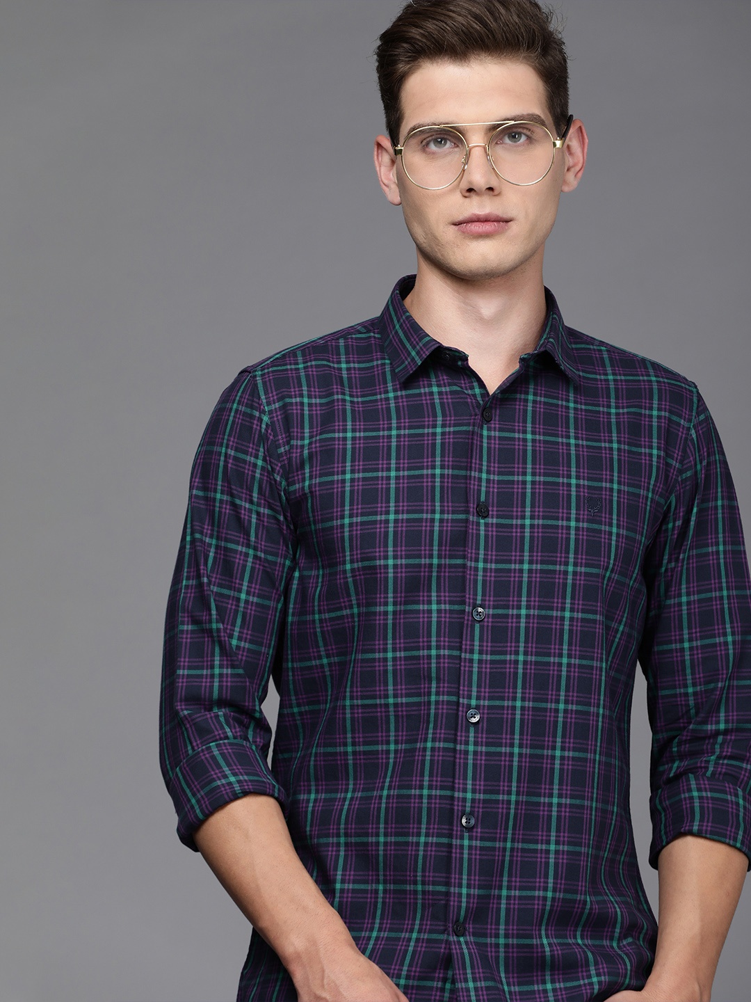 

Allen Solly Sport Men Navy Blue Slim Fit Tartan Checked Pure Cotton Casual Shirt