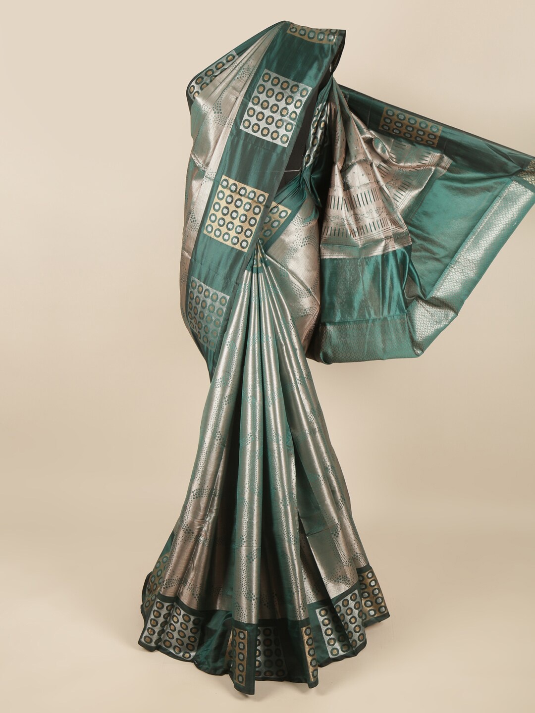 

Pothys Green & Silver-Toned Zari Geometric Printed Saree